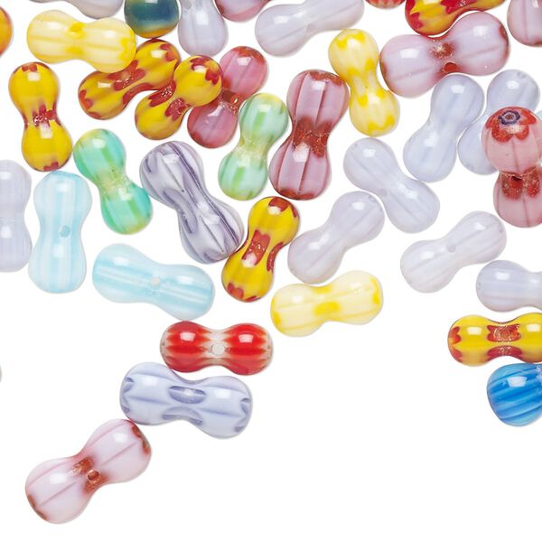 Bead mix, millefiori glass, opaque to transparent multicolored, 9x4mm-11x5mm peanut with 0.4-0.6mm hole. Sold per 1-ounce pkg, approximately 100-110 beads. image number 0