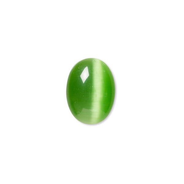 Cabochon, cat's eye glass (fiber optic glass), green, 16x12mm calibrated oval, quality grade. Sold per pkg of 8. image number 0