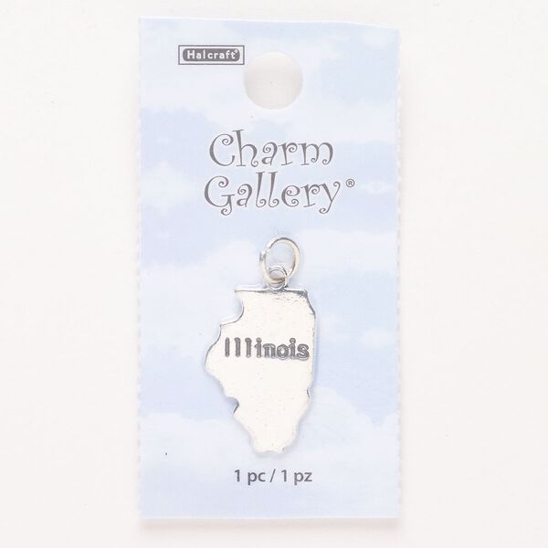 Charm, steel and enamel, pkg/1, silver finish and black, 22x15mm with "Illinois." image number 0