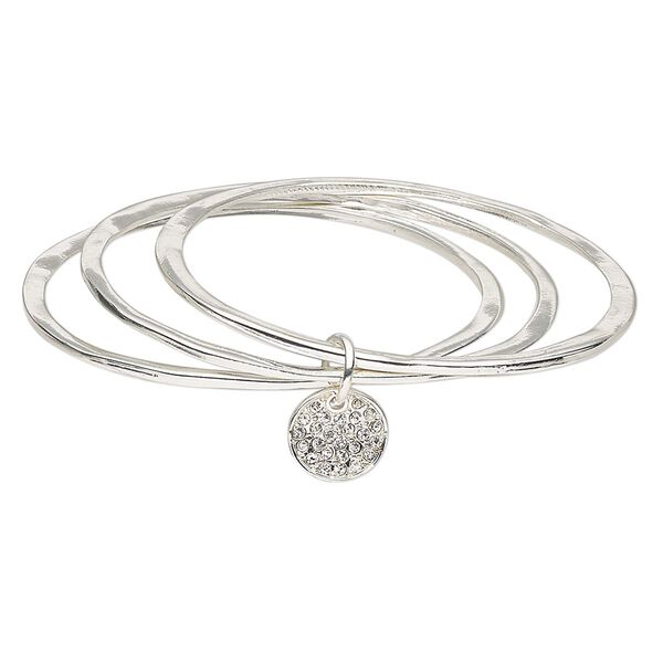 Bracelet, bangle, glass rhinestone with silver-finished steel and "pewter" (zinc-based alloy), clear, 14mm flat round, 7-1/2 inches. Sold individually. image number 0