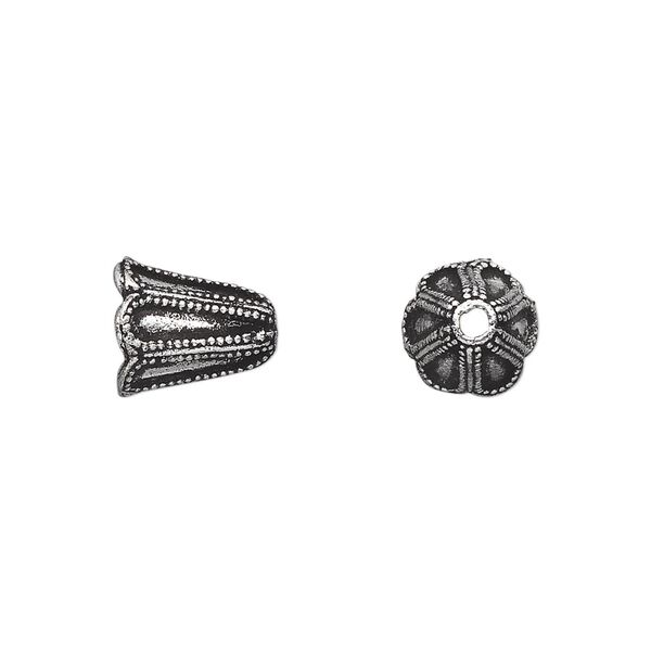 Cone, antique silver-plated brass, 11x9mm beaded flower, fits 8-10mm bead. Sold per pkg of 4. image number 0