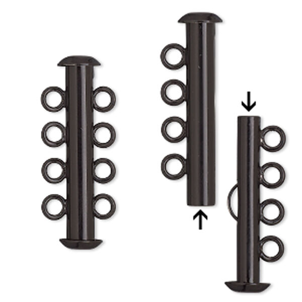 Clasp, 4-strand slide lock, electro-coated brass, black, 26x6mm tube. Sold per pkg of 2. image number 0