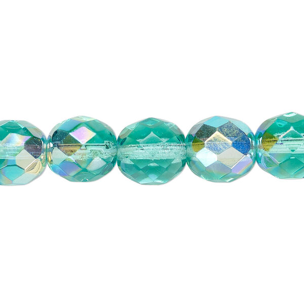 Bead, Czech fire-polished glass, light aqua AB, 10mm faceted round. Sold per pkg of 600 (1/2 mass). image number 0