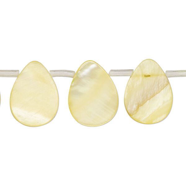 Bead, mother-of-pearl shell (dyed), yellow, 15x6mm-16x12mm top-drilled flat teardrop, Mohs hardness 3-1/2. Sold per 14-inch strand, approximately 25 beads. image number 0