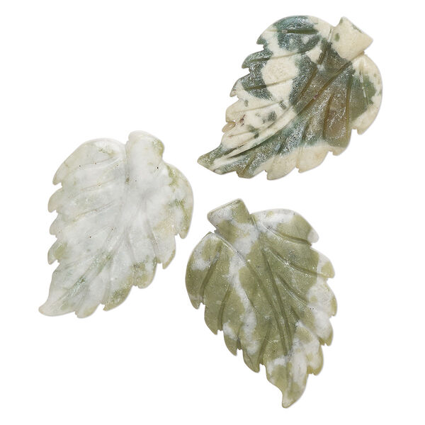 Focal, green serpentine (waxed), 39x22mm single-sided carved leaf, B grade, Mohs hardness 2-1/2 to 6. Sold per pkg of 3. image number 0