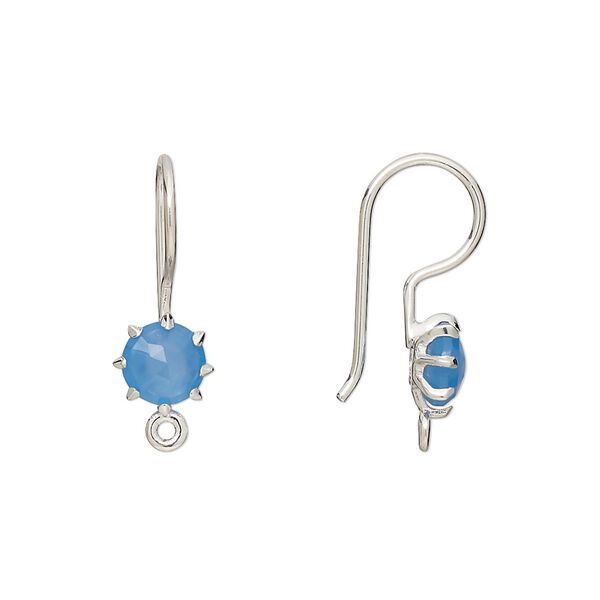 Ear wire fishhook 1pkg2 sterling silver / blue chalcedony, 22mm / 7.5mm hand-cut faceted round / closed loop, 19 gauge 1 pair image number 0