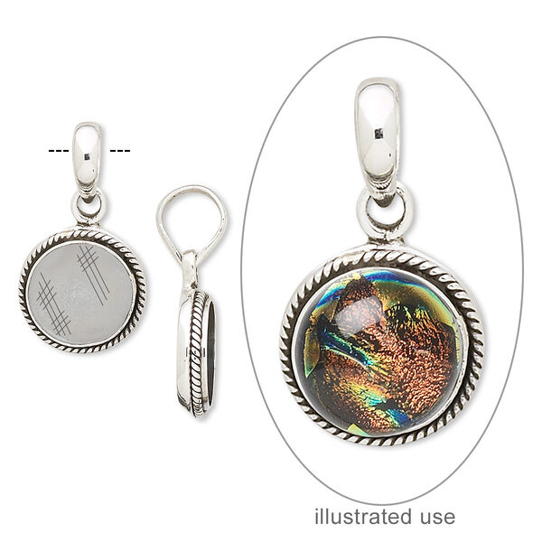 Pendant, antiqued sterling silver, 27x16mm with round and twisted rope design with 12mm round bezel setting. Sold individually. image number 0
