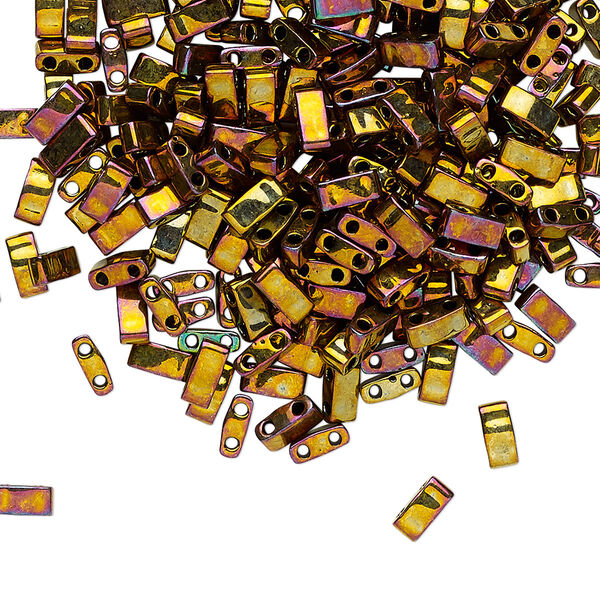 Seed bead, TILA®, glass, pkg/10g, 5x2.3mm half tila rectangle, opaque metallic rainbow golden, (HTL-462). image number 0