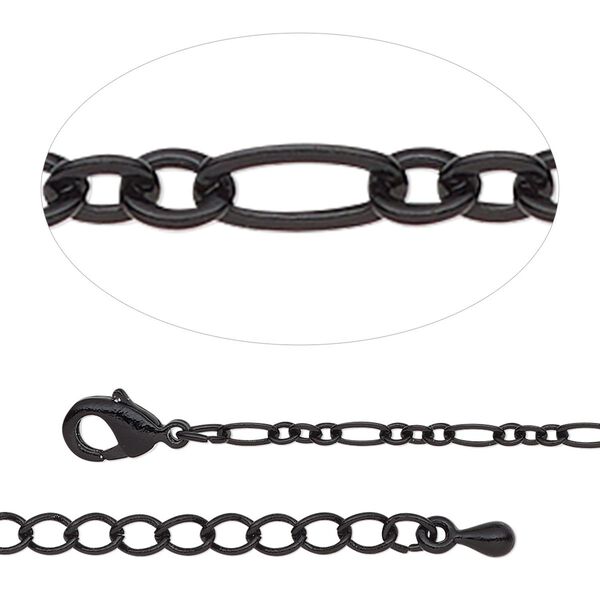 Chain, black-finished steel and brass, 2.5mm figaro, 18 inches with 2-inch extender chain and lobster claw clasp. Sold individually. image number 0