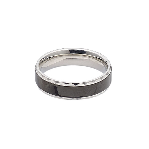 Ring, enamel and stainless steel, black, 6mm wide diamond-cut band, size 9. Sold individually. image number 0