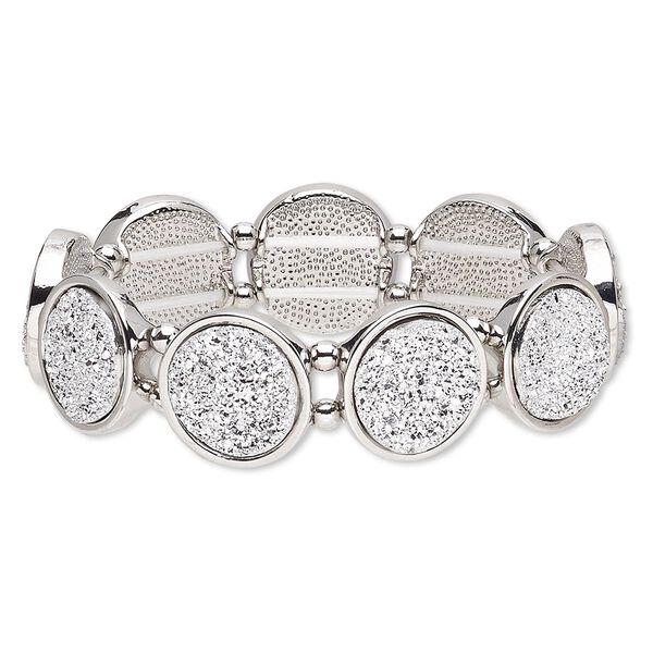 Bracelet, stretch, druzy (imitation) / silver-coated plastic / silver-plated "pewter" (zinc-based alloy), white, 19mm wide with 19mm flat round, 6-1/2 inches. Sold individually. image number 0