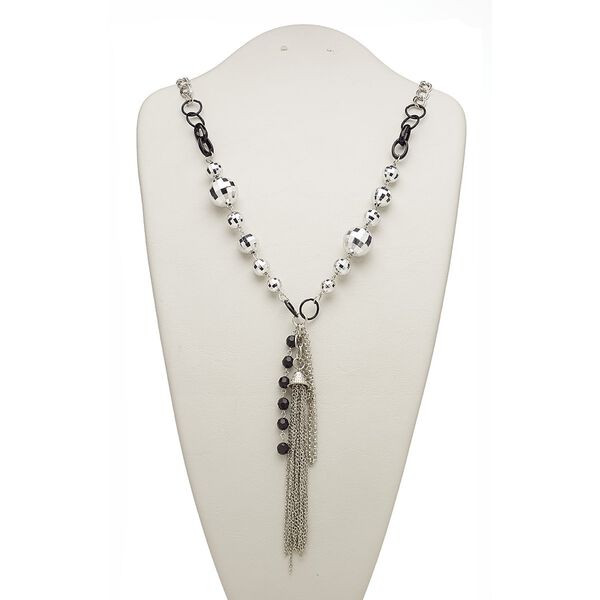 Necklace, glass / acrylic / silver-coated plastic / silver-plated steel / "pewter" (zinc-based alloy), black, 6-inch dangle, 26 inches with 2-inch extender chain and lobster claw clasp. Sold individually. image number 0