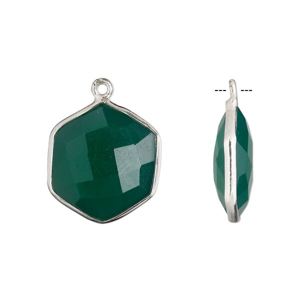 Drop, green onyx (dyed) and sterling silver, green, 18x17mm-20x18mm hand-cut double-sided faceted hexagon. Sold individually. image number 0
