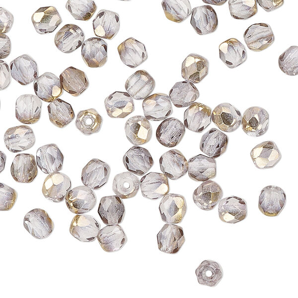 Czech fire-polished glass 1pkg1, faceted round bead half-coated opaque clear / metallic gold 1 mass 4mm image number 0
