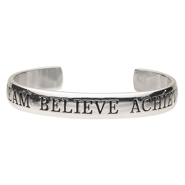 Bracelet, cuff, silver-plated brass, 11mm wide with "DREAM BELIEVE ACHIEVE," 7 inches. Sold individually. image number 0