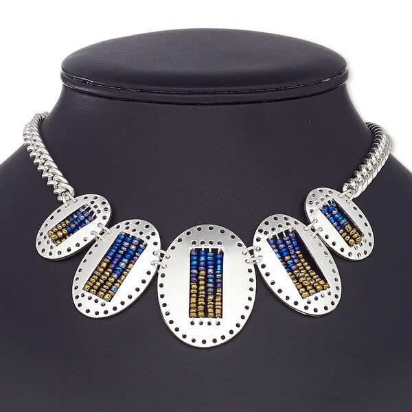 Necklace, glass / silver-coated plastic / silver-plated steel / "pewter" (zinc-based alloy), blue AB and gold, 30x22mm-44x34mm graduated oval, 16 inches with 3-inch extender chain and lobster claw clasp. Sold individually. image number 0