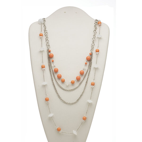 Necklace, 4-strand, acrylic and silver-plated steel, orange / clear / white, 24 inches with 2-inch extender chain and lobster claw clasp. Sold individually. image number 0