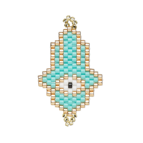 Link, Creative Touch, glass, turquoise blue / white / copper, 27x20mm Hamsa hand with wards-off-the-evil-eye design. Sold individually. image number 0
