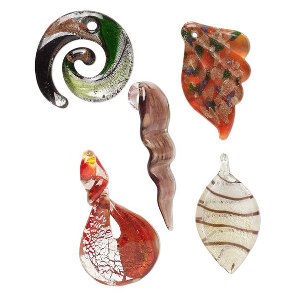 Random focal mix, lampworked glass, opaque and translucent mixed colors with silver-colored foil and copper-colored glitter, 35x34mm-66x50mm mixed shapes. Sold per pkg of 5. image number 0