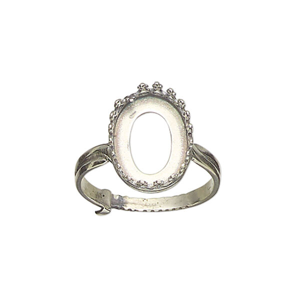 Ring, JBB Findings, antiqued sterling silver, 16mm wide with decorative trim and 14x10mm oval bezel setting, adjustable from size 6-8. Sold individually. image number 0