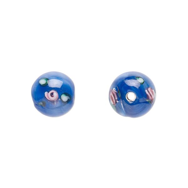 Bead, Czech lampworked glass, opaque blue / pink / green, 8-9mm round with flower design. Sold per pkg of 6. image number 0
