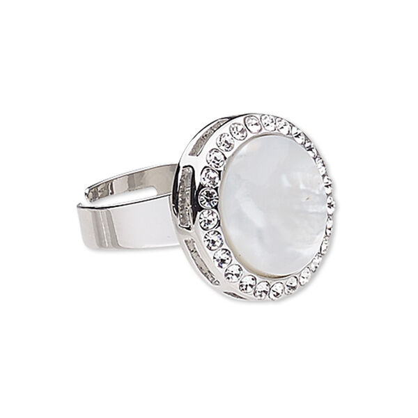 Ring, mother-of-pearl shell (bleached) / glass rhinestone / imitation rhodium-plated "pewter" (zinc-based alloy), white and clear, 20mm round, adjustable. Sold individually. image number 0