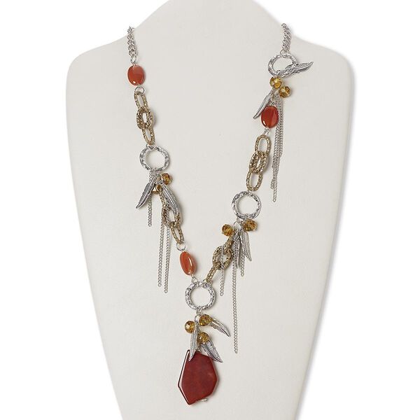 Necklace, red agate (dyed / heated) / glass / silver-coated plastic / silver-plated "pewter" (zinc-alloy based) / steel / brass, gold / brown / red, feather, 26 inches with 2-1/2 inch extender chain and lobster claw clasp. Sold individually. image number 0