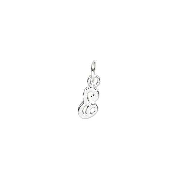 Charm, sterling silver, 8x4mm Champagne cursive alphabet letter "E." Sold individually. image number 0