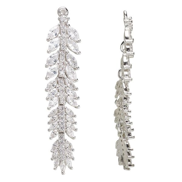 Focal, cubic zirconia and silver-plated brass, clear, 46x10.5mm single-sided feather. Sold individually. image number 0