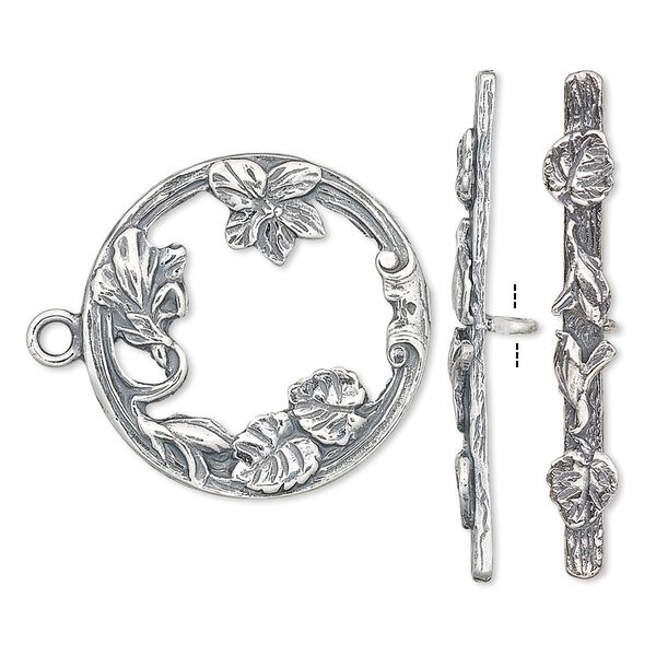 Clasp, JBB Findings, toggle, antiqued sterling silver, 23mm round with leaves and flowers. Sold individually. image number 0