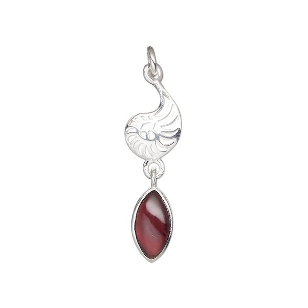 Garnet / sterling silver 1pkg1, antiqued nautilus drop natural 26x8mm image number 0