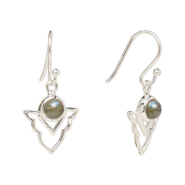 Ear wire, Create Compliments®, antiqued sterling silver and labradorite (natural), fishhook, 29mm with 15.5x14mm single-sided open arrowhead, 21 gauge. Sold per pair. image number 0