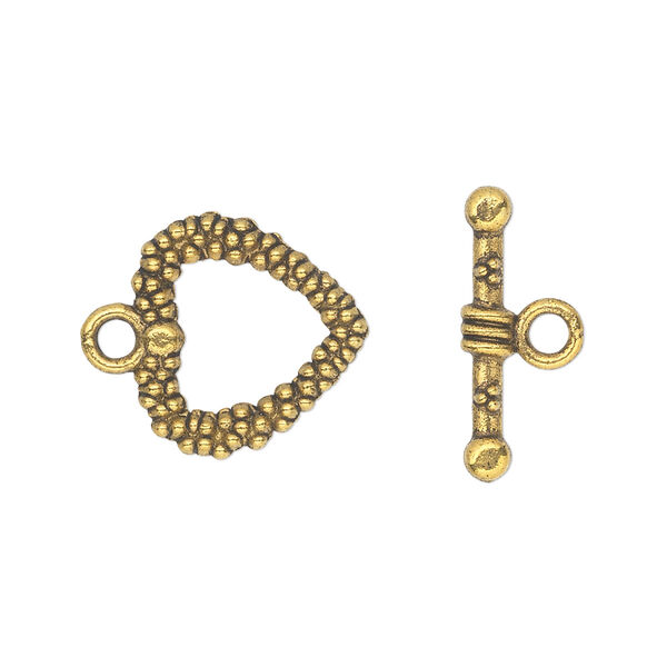 Clasp, toggle, antique gold-finished "pewter" (zinc-based alloy), 16x16mm double-sided beaded heart. Sold per pkg of 20. image number 0