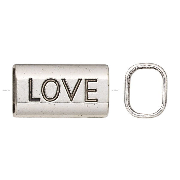 Slide, antique silver-finished "pewter" (zinc-based alloy), 23x13mm single-sided rectangle with "LOVE" and 11x8mm hole. Sold per pkg of 2. image number 0
