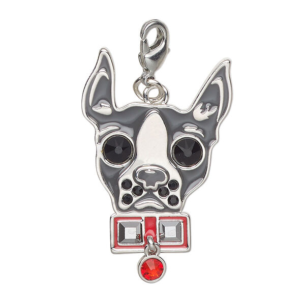 Focal steel crystal enamel 1pk 30x22mm dog with lobster claw clasp, silver finish multicolored image number 0