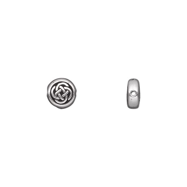 Bead, TierraCast®, antique silver-plated pewter (tin-based alloy), 7mm double-sided flat round with Celtic knot. Sold per pkg of 4. image number 0