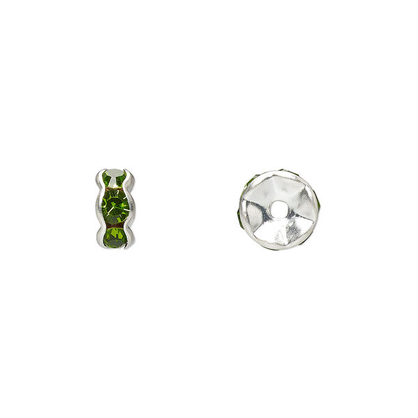 Bead, glass rhinestone and silver-plated brass, peridot green, 7x3.5mm rondelle. Sold per pkg of 10. image number 0