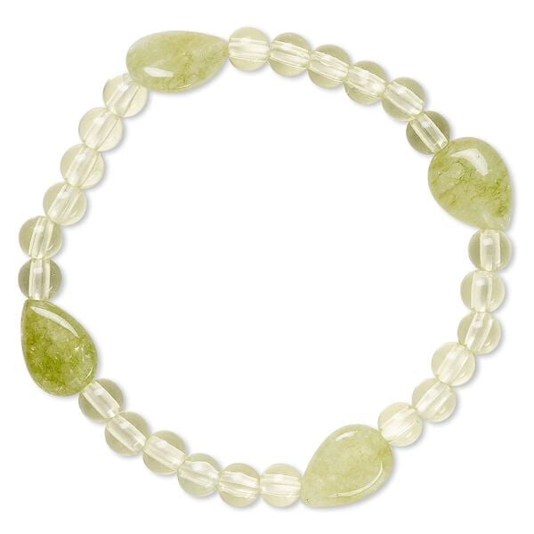Bracelet, stretch, quartz (dyed) and acrylic, green and light yellow-green, 5mm round and 14x10mm-15x11mm flat teardrop, 6-1/2 inches. Sold individually. image number 0