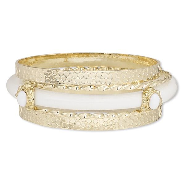 Bracelet, bangle, enamel / acrylic / gold-coated plastic / gold-finished steel, white, 3-8mm wide, 8 inches. Sold per 5-piece set. image number 0