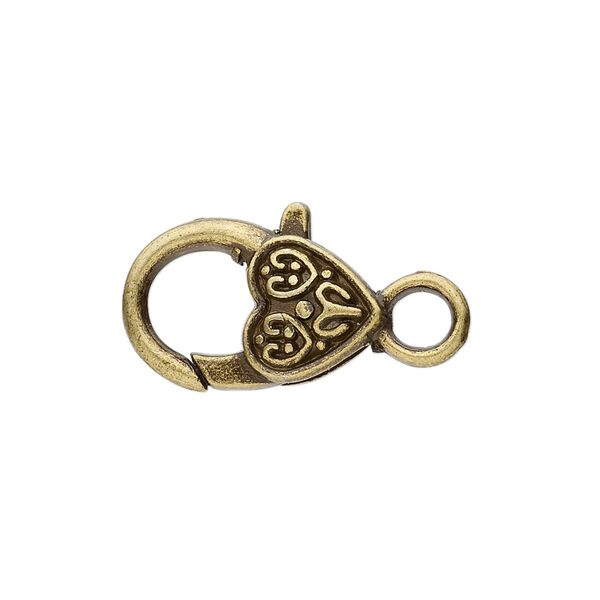 Clasp, lobster claw, antique brass-plated "pewter" (zinc-based alloy), 19.5x12.5mm with double-sided fancy heart design. Sold per pkg of 8. image number 0