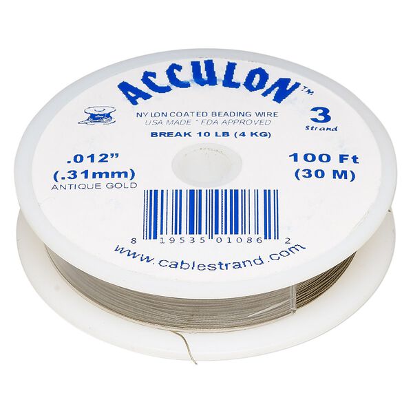 Beading wire, Acculon®, nylon-coated stainless steel, gold color, 3 strand, 0.012-inch diameter. Sold per 100-foot spool. image number 0