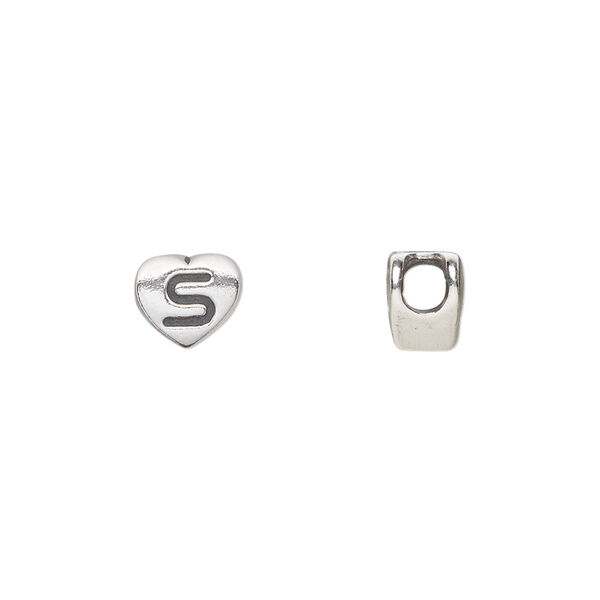 Bead, sterling silver, 7.5x7mm heart with alphabet letter "S." Sold individually. image number 0