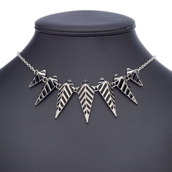 Necklace, enamel with imitation rhodium-finished steel and "pewter" (zinc-based alloy), black, 24x16mm-48x19mm graduated spike with stripes, 18 inches with 2-inch extender chain and lobster claw clasp. Sold individually. image number 0