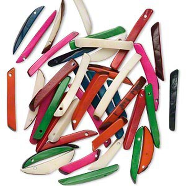 Bead, tagua nut (dyed), assorted colors, 28x4mm-42x4mm top-drilled stick. Sold per pkg of 40. image number 0
