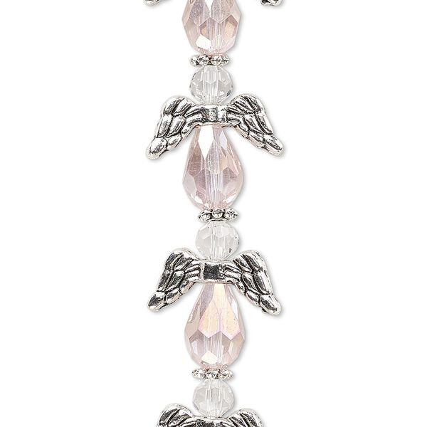 Bead, crystal and antique silver-plated "pewter" (zinc-based alloy), translucent pink AB and clear, 17x14mm angel. Sold per pkg of 6. image number 0
