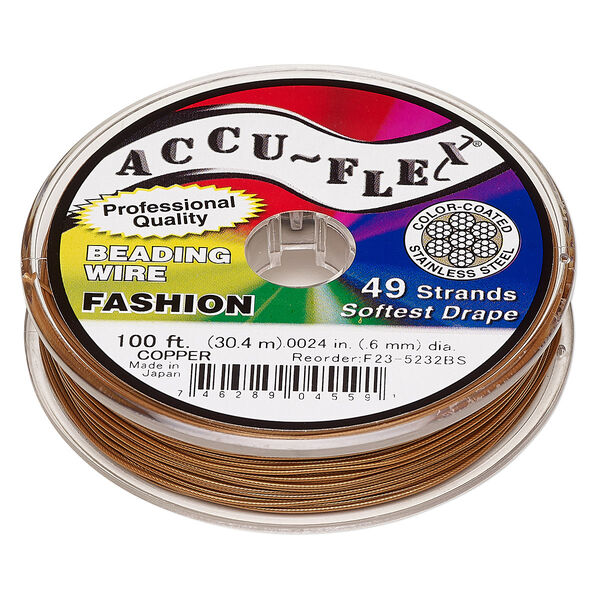 Beading wire, Accu-Flex®, nylon and stainless steel, copper, 49 strand, 0.024-inch diameter. Sold per 100-foot spool. image number 0