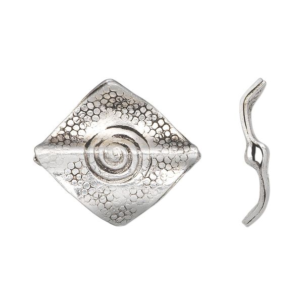 Bead, Hill Tribes, antique silver-plated copper, 24x22mm textured flat curved diamond with swirl design. Sold individually. image number 0