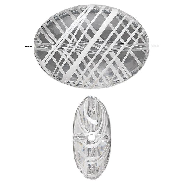 Bead, acrylic, semitransparent clear and white, 33x24mm puffed oval with painted line design. Sold per pkg of 18. image number 0
