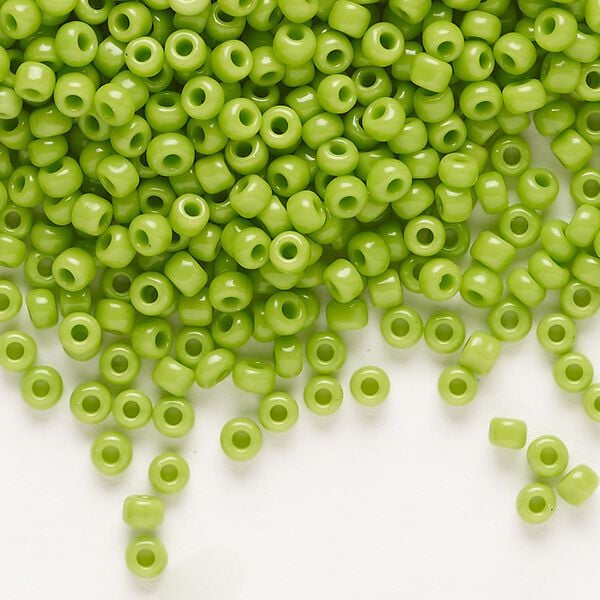 Seed bead, Dyna-Mites™, glass, opaque lime green, #8 round. Sold per 40-gram pkg. image number 0