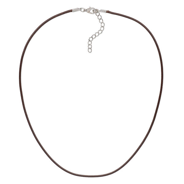 Necklace cord, imitation leather with imitation rhodium-finished steel and "pewter" (zinc-based alloy), brown, 2mm wide, 16 inches with 1-1/2 inch extender chain and lobster claw clasp. Sold per pkg of 10. image number 0